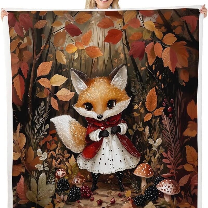 Cute Fox Throw Blanket,Mushroom Berry Fruits Blankets,Jungle Leaves Animals Fleece Blanket for Kids Girls Boys Teens Room Decor,Cartoon Fairy Tale Style Sherpa Blanket,for Chair/Sofa,90"×90"
