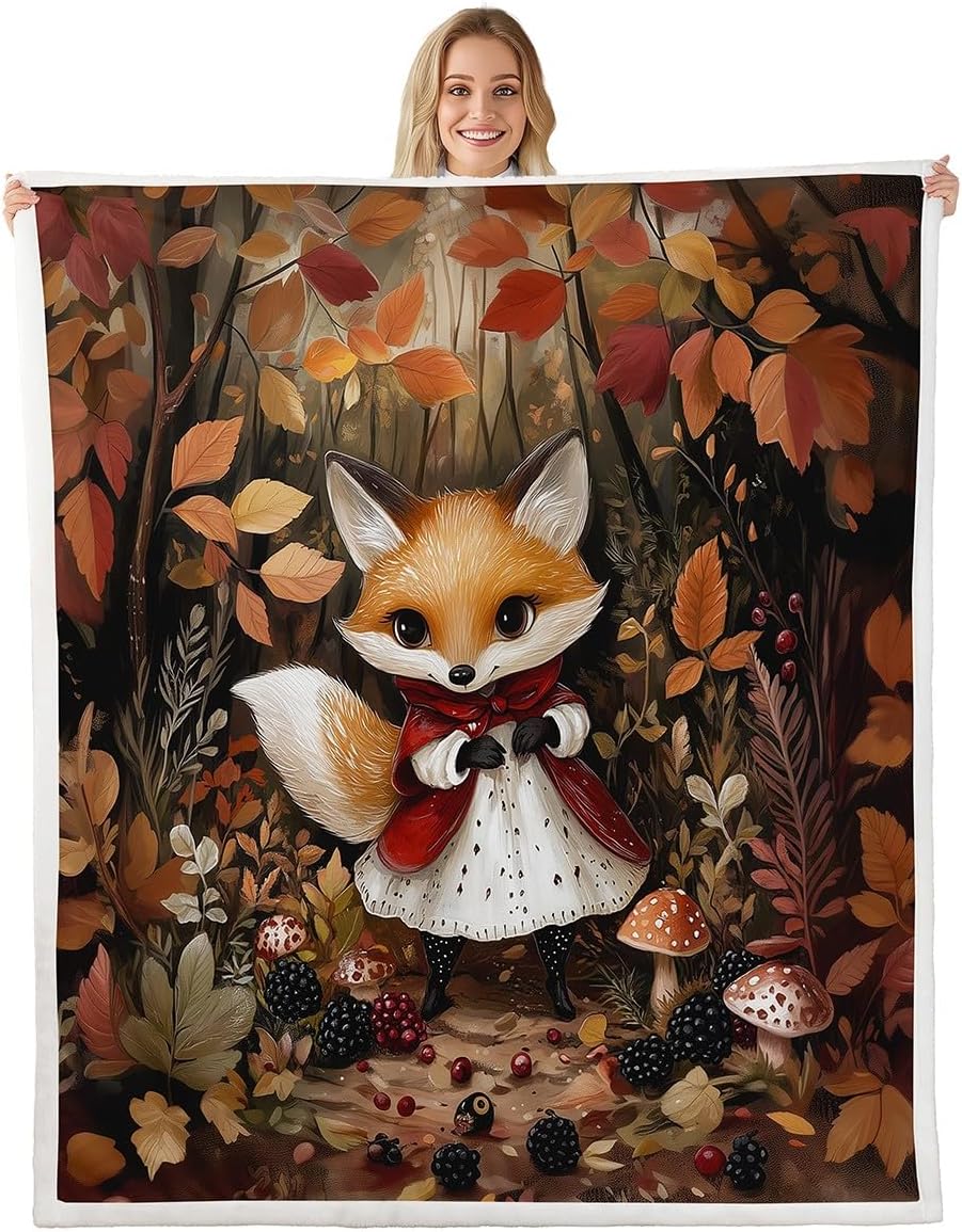 71okM9IMfCL._AC_SL1200_.jpg Cute Fox Throw Blanket,Mushroom Berry Fruits Blankets,Jungle Leaves Animals Fleece Blanket for Kids Girls Boys Teens Room Decor,Cartoon Fairy Tale Style Sherpa Blanket,for Chair/Sofa,90"×90"