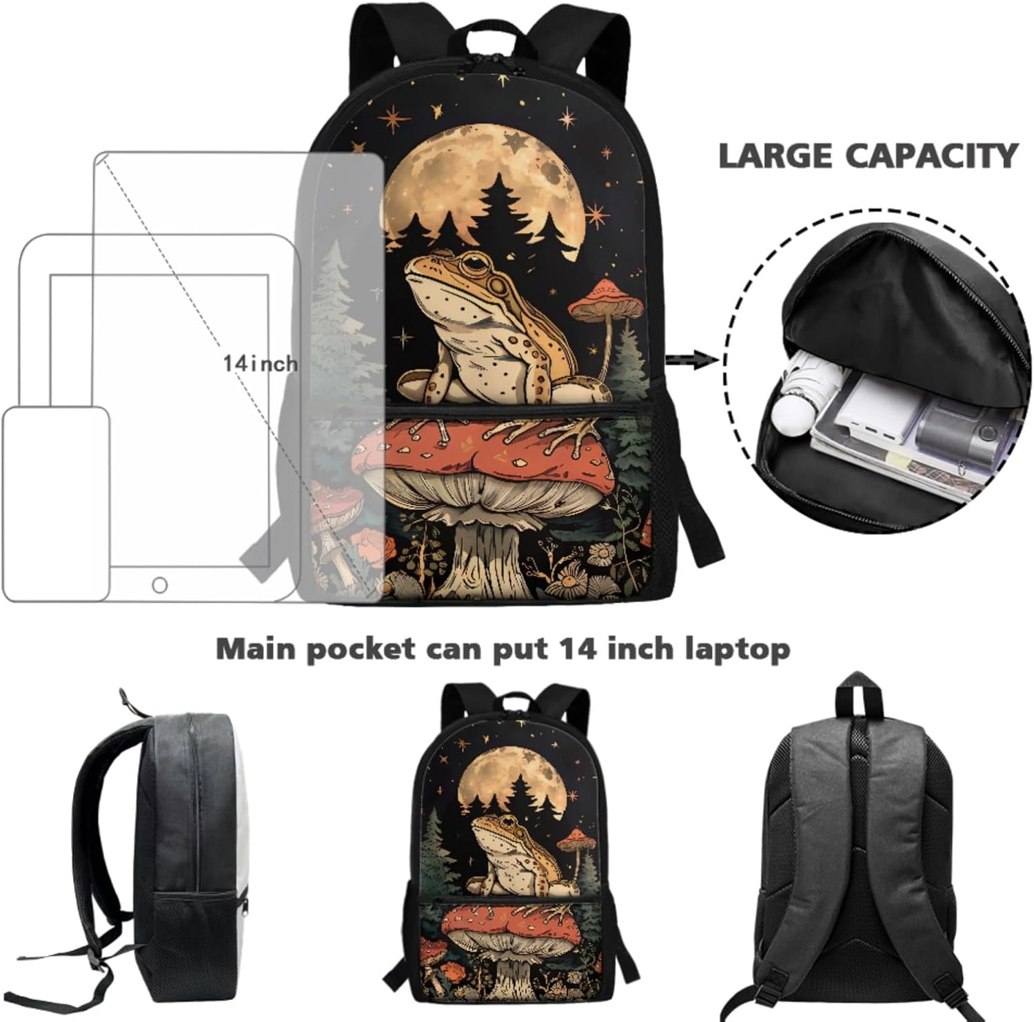 71oni1AH1rL._AC_SL1500_.jpg Mushroom Frog Backpacks with Lunch Bags for Kids Girls Bookbags Daypack Lunchbox,Pencil Case,Water Bottle Holder Middle Elementary School Book Bags 10-12 Rucksack Satchel Schoolbag-4 PCS - Image 4