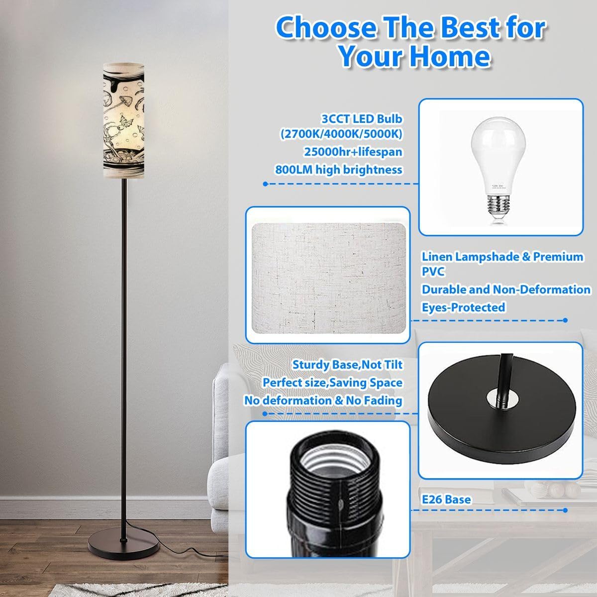 71osmocVdLL._AC_SL1200_.jpg Modern Floor Lamps for Living Room Halloween Witchs Skull leaves mushrooms prints T shirts white tattoos Standing Lamps with Linen Lampshade Tall Lamp Metal Pole Lamp for Bedroom Office Reading - Image 3
