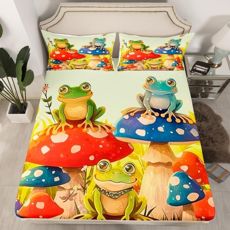 Cute Frog Fitted Sheet Queen Size,Colorful Mushrooms Cartoon Frogs Bed Sheet Country Rustic Style Bedding Set for Kids Adults Green Red Deep Pocket Sheet 3Pcs,No Top Flat Sheet