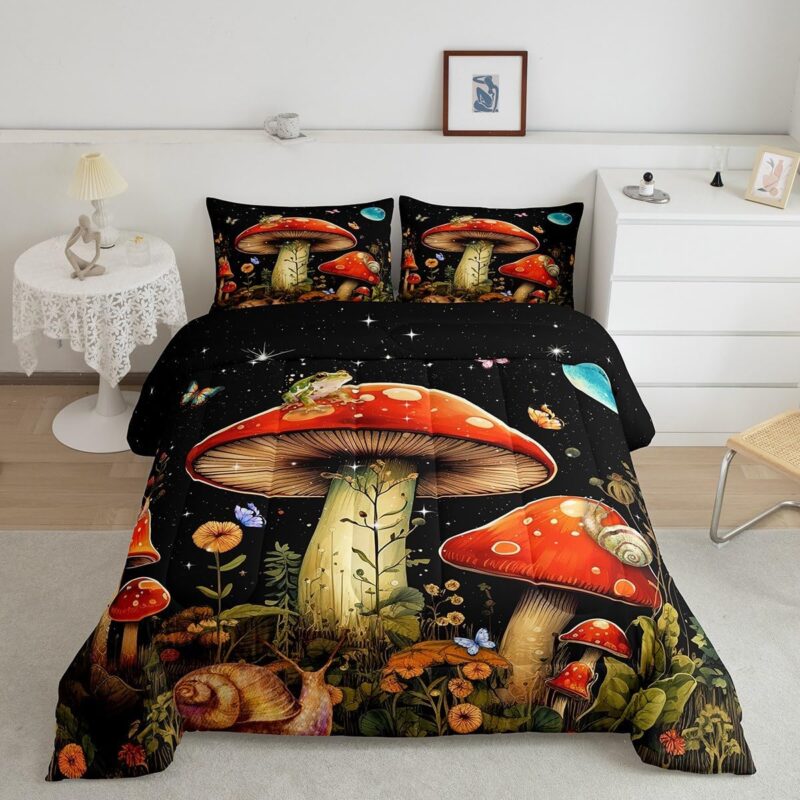 Feelyou Kids Red Mushroom Bedding Set Full, Cartoon Mushroom Frog Comforter for Kids Boys Girls Natural Wild Fungus Comforter Set Colorful Butterfly Duvet Set with 2 Pillow Case
