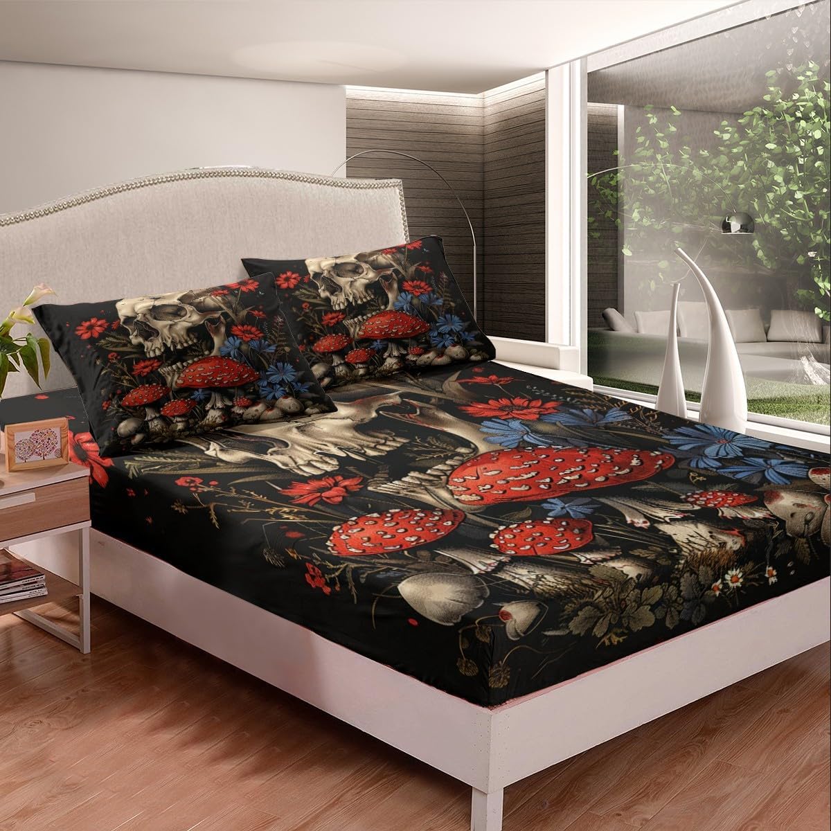 71pW85sjxXL._AC_SL1200_.jpg Gothic Mushroom Fitted Sheet Sugar Skull Sheets,Goth Skeleton Bed Sheets Queen,Halloween Bone Bedding Set Exotic Boho Floral Room Decor - Image 2