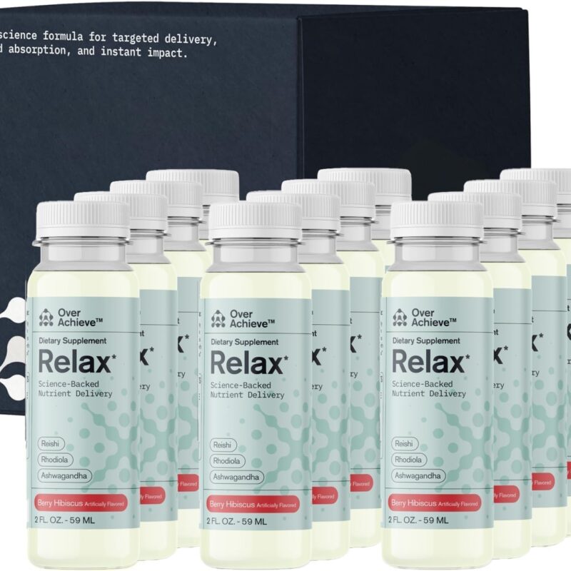 Relax Drink for Relaxation and Stress Relief, Contains Ashwagandha, Rhodiola Rosea and Reishi Mushroom with Advanced Nanoscience Technology, 12 Pack Calm Nervous System Berry Hibiscus, 2oz