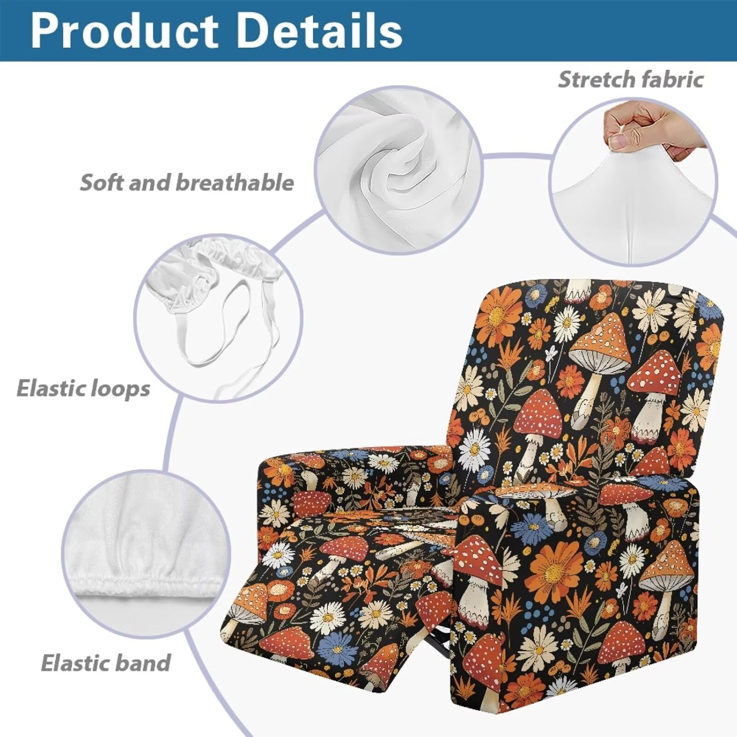 71pu5Y-qKBL._AC_SL1500_.jpg Mushroom Daisy Pattern Recliner Chair Covers with Arms, Washable Lazy Boy Recliner Covers Polyester Chair Covers for Living Room Home Decor Accessories - Image 5