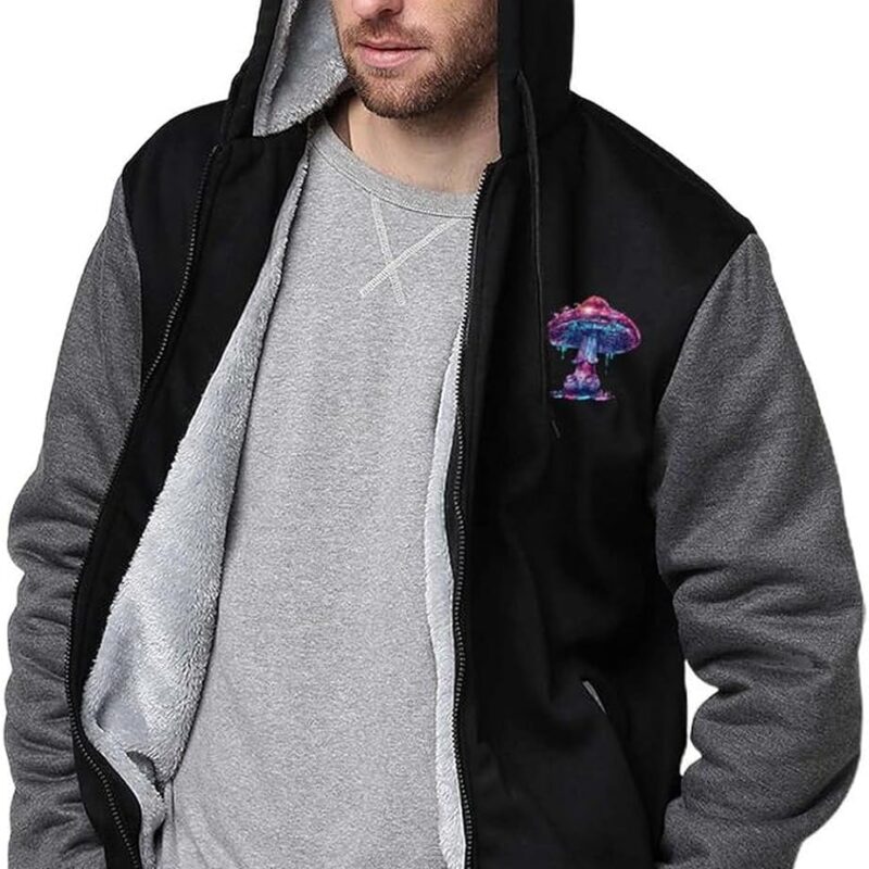 Glowing Magic Mushroom Men's Zip Up Hoodie Jacket Fleece Jacket Winter Hooded Sweatshirt Warm Coat with Pockets