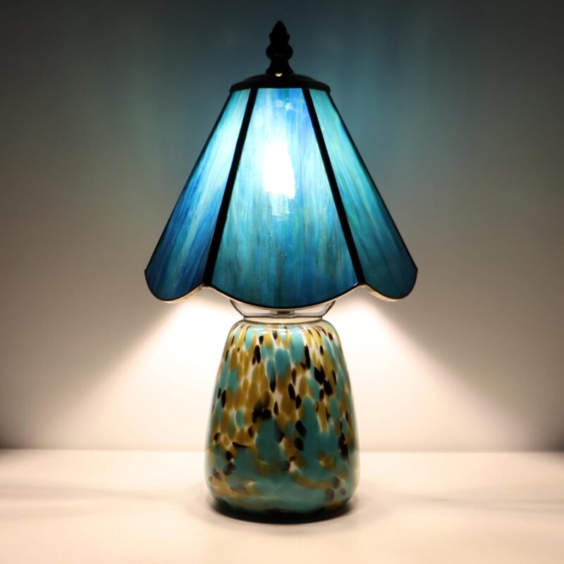 Tiffany Mushroom Table Lamp 7X7X12 Inch Sea Blue Stained Glass Night Light Glass Base Accent Light