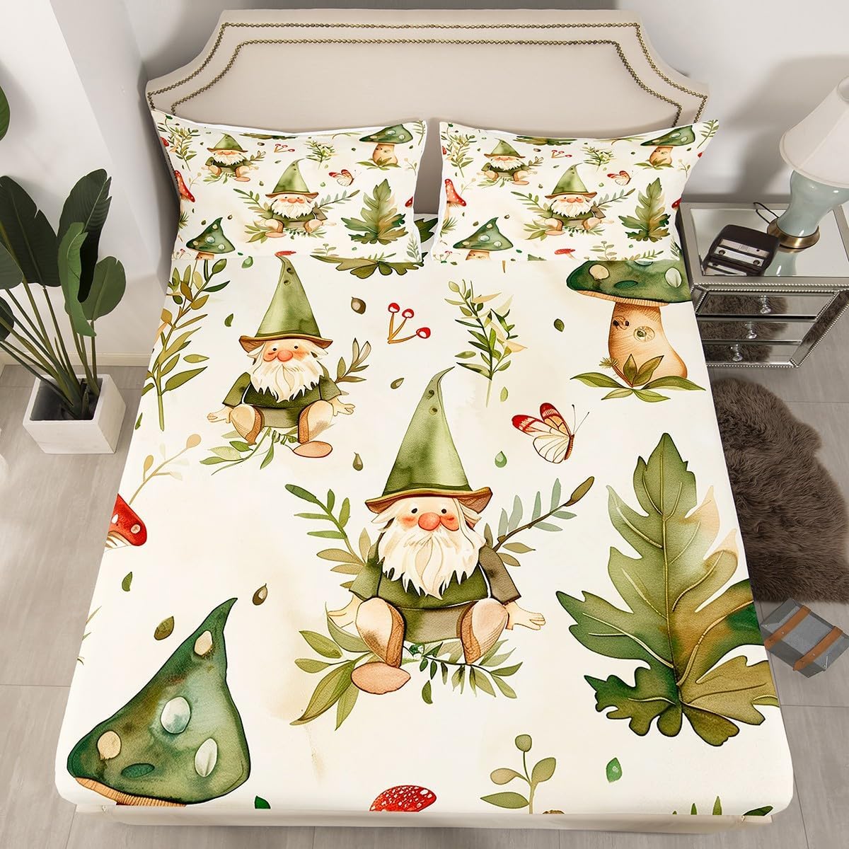 71qgsIFftTL._AC_SL1200_.jpg Erosebridal Kawaii Gnomes Bed Sheets Set Queen,Mushroom Wild Plants Bedding Set for Kids Boys Girls,Spring Gnomes Top Sheet,Botanical Leaves Butterfly Green Sheet Set 4 Pcs with 2 Pillow Cases - Image 2