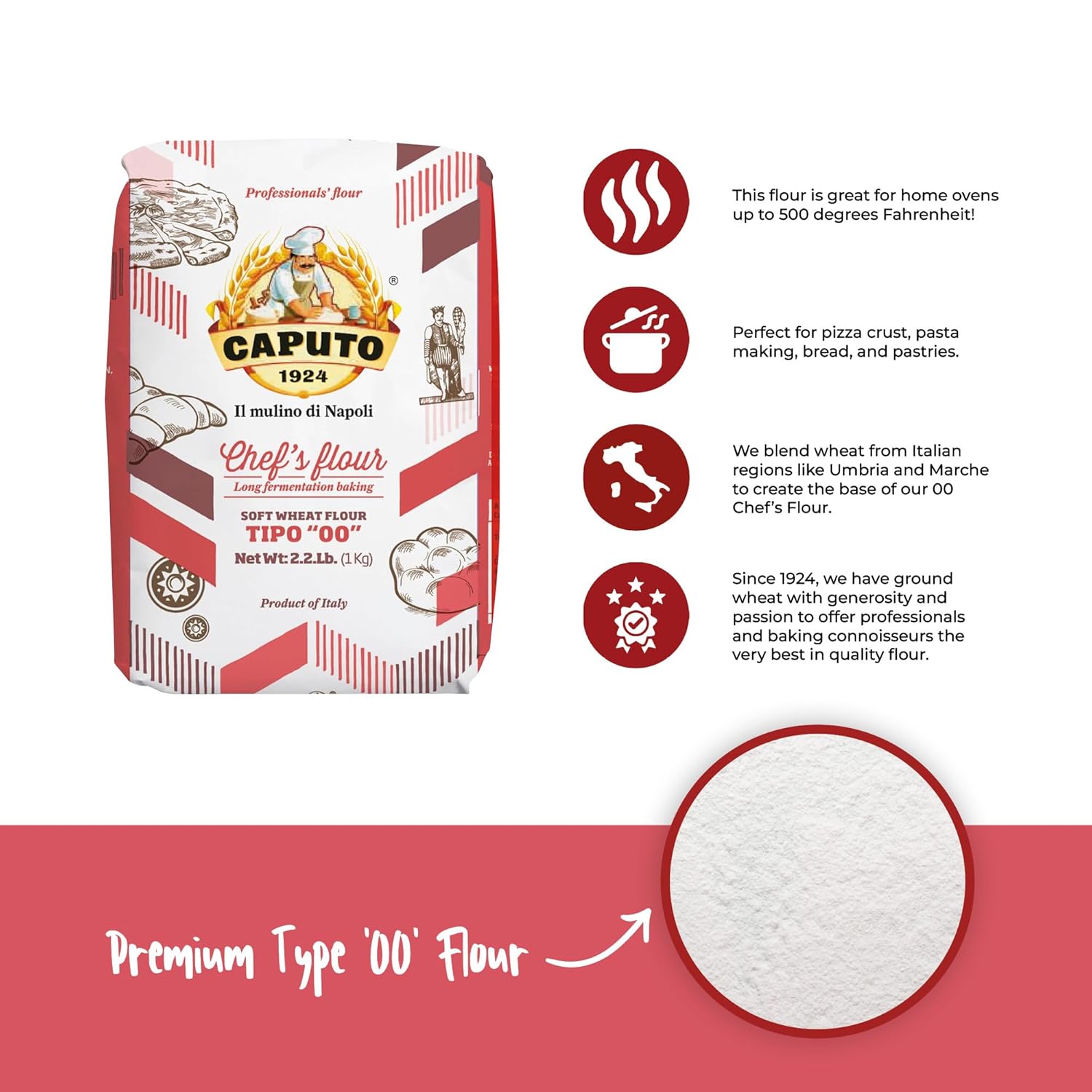 71qnfflFpL._SL1500_.jpg Antimo Caputo Chefs Flour, Italian Double Zero 00, Soft Wheat for Pizza Dough, Bread, & Pasta, 2.2 Pound (Pack of 10) - Image 2