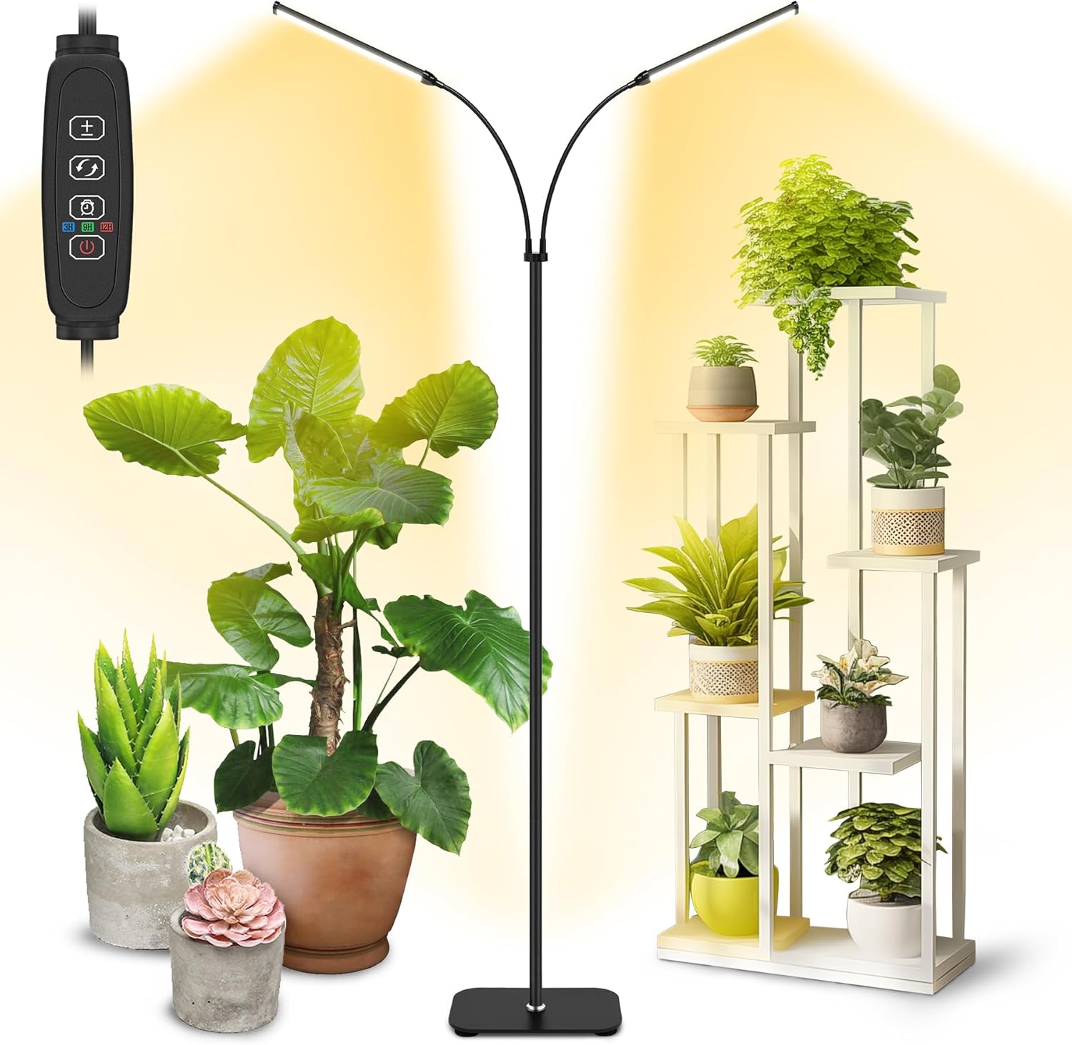71rKVwfAKhL._AC_SL1500_.jpg Plant Grow Light Dual Head, 40W Indoor Growing Lights,144LEDs Full Spectrum Wide Illumination Area, 63IN Adjustable Height Stand, 10 Dimmable, 3/9/12H Auto Timer, Floor Lamp for Plants Growth
