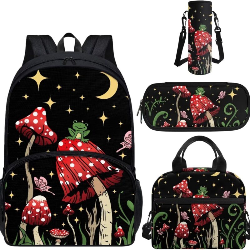 Mushroom Kids Backpack for School Girls 4th Grade Preschool Elementary Middle School Bag Student Bookbag Cute School Supplies Set for Kids Teens with Lunch Bag Pencil Case 4 Piece