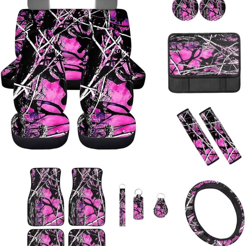 17 Pcs Pink Camo Wood Hunting Forest Print Car Accessories Set,Auto Seat Covers Full Set Steering Wheel Cover Seat Belt Pads Armrest Wrap Foot Mats Coaster Key Rings Lipstick Holder for SUV