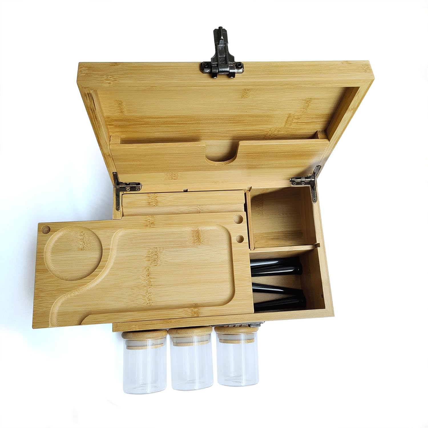 71s63xJ8VtL._AC_SL1500_.jpg Bamboo Box with Combination Lock & Accessories -3 Smell Proof Jars, 4 Tube, Rolling Tray,Brush - Accessories Family Organizer Set with Handle, Locking Stash Box - Image 8