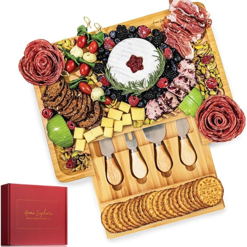Bamboo Cheese Board and Knife Set - Beautiful Charcuterie Board for Wine, Cheese, and Gifts