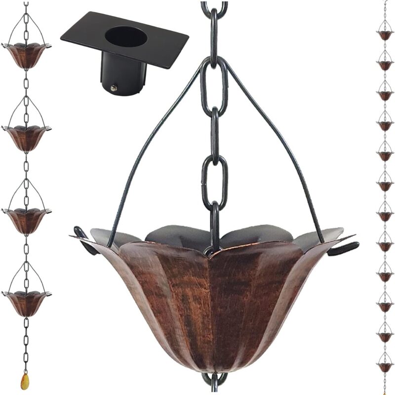 8.5FT Lotus Antique Bronze Color Iron Rain Chains for Gutter and Rain Barrel, Rust-Resistant Plated Garden Décor Rain Chain for Downspout, Bonus Rain Chain Gutter Adapter, Earrings for House
