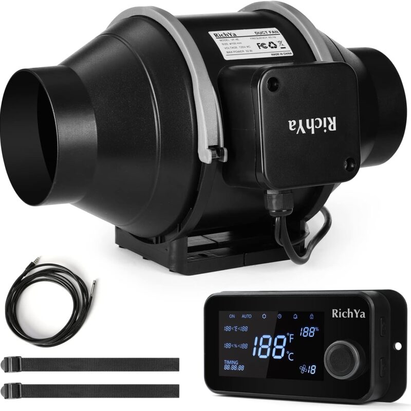 RichYa 4'' Inline Duct Fan with Variable Temperature Humidity Controller, Ventilation Exhaust Fan for Heating Cooling Booster, Grow Tents, Hydroponics