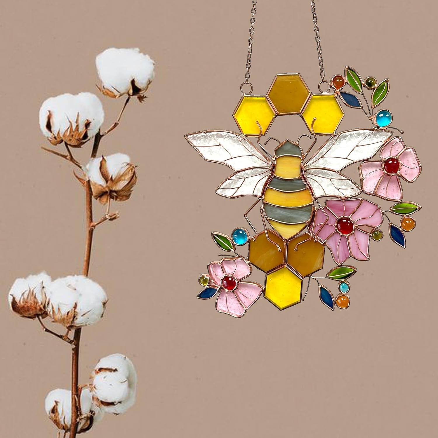 71sn8qcDOpL._AC_SL1500_.jpg Bee Ornament Suncatcher Stained Glass Window Hangings Suncatcher for Window Gifts for Beelovers Mothers - Image 5