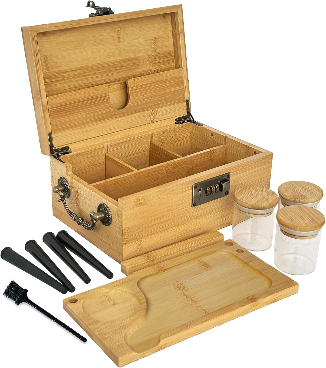 71tpDpyTeXL._AC_SL1500_.jpg Bamboo Box with Combination Lock & Accessories -3 Smell Proof Jars, 4 Tube, Rolling Tray,Brush - Accessories Family Organizer Set with Handle, Locking Stash Box