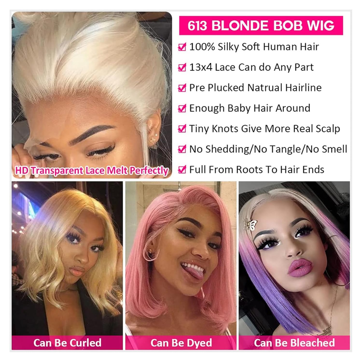 71uSl60G5LL._SL1500_.jpg Blonde Bob Wig Human Hair 613 Lace Front Wig Human Hair 13x4 HD Transparent Blonde Bob Lace Front Wigs for Women Bleached Knots Pre Plucked with Baby Hair 613 Bob Wig 14 inch - Image 5