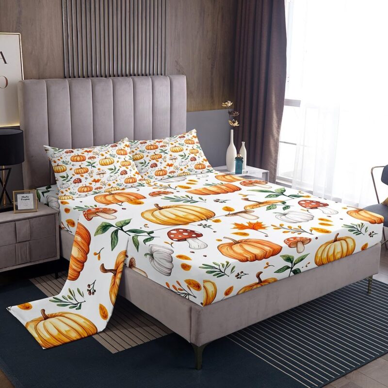Feelyou Fall Sheet Set Queen Size Kids Pumpkin Mushroom Sheets with Deep Pocket Fitted Sheet for Boys Teens Maple Leaf Bed Sheets Set Breathable Autumn Decorations White Bedding Set Room Decor