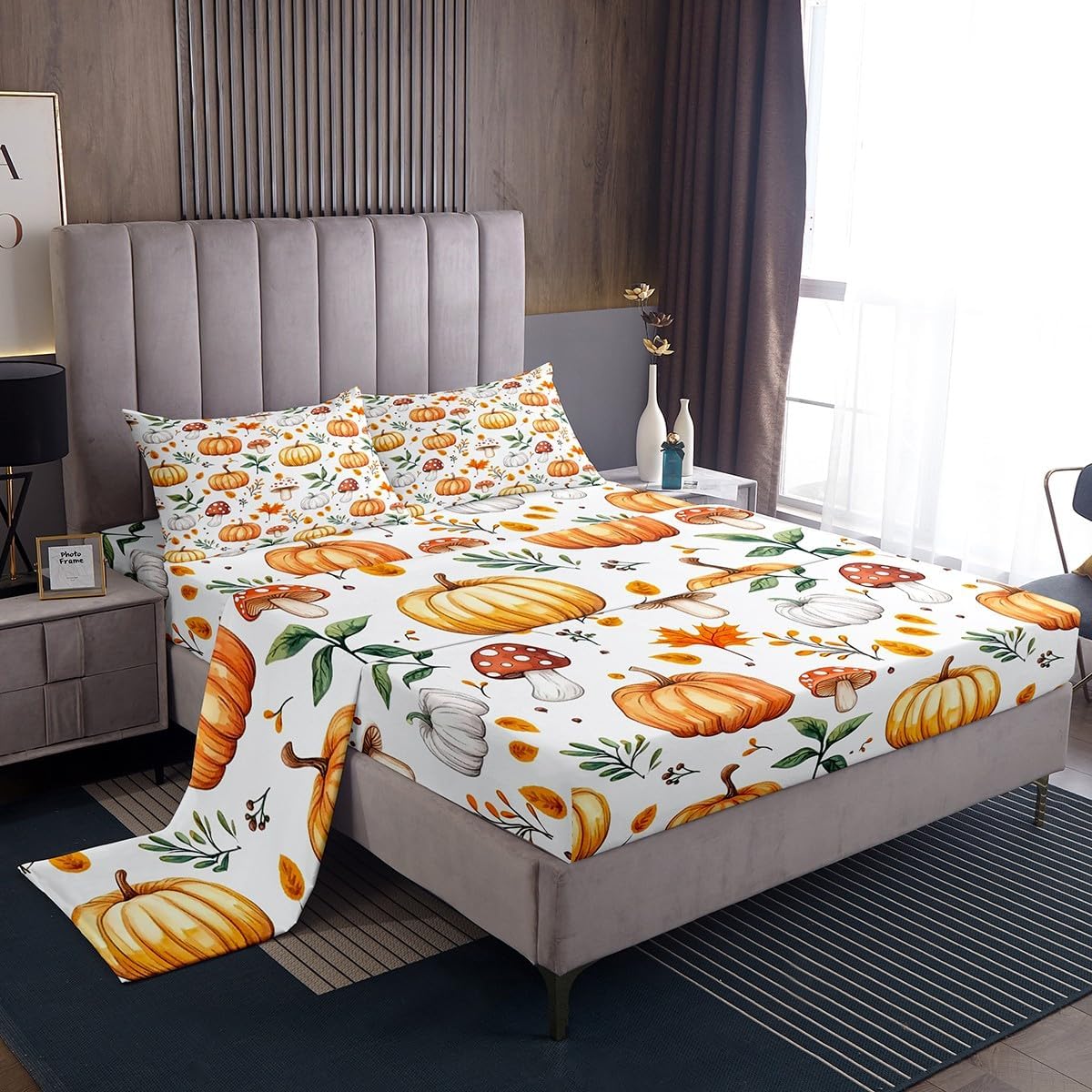 71v0yNCrjuL._AC_SL1200_.jpg Feelyou Fall Sheet Set Queen Size Kids Pumpkin Mushroom Sheets with Deep Pocket Fitted Sheet for Boys Teens Maple Leaf Bed Sheets Set Breathable Autumn Decorations White Bedding Set Room Decor