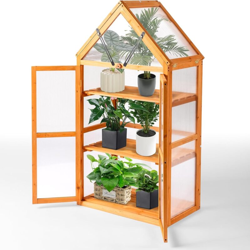 VINGLI Cold Frame Greenhouse, Mini Wooden Green House with Flip-Top Roof, Raised Flower Planter Shelf, Small Lockable Wood Cabinet for Plants Indoor Outdoor (Yellow, 34.65" x 16.14" x 53.94")