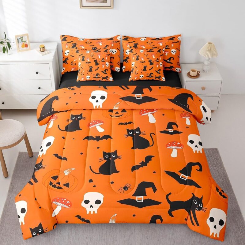 jejeloiu Halloween Comforter Set with Sheets Witch's Hat Black Bats Cats and Decorated Pumpkins Print 7 Piece Bedding Set Full Size for Kids Boys Girl Mushroom Skull Bed in a Bag Burnt Orange