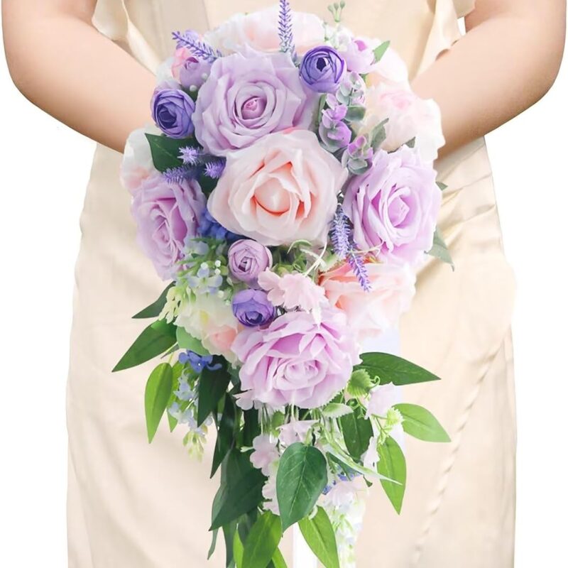 Cascading Bridal Bouquet, Artificial Purple Roses Flowers Lilac Wedding Bouquet Waterfall Bride Bouquets for Wedding Ceremony Anniversary Bridal Shower