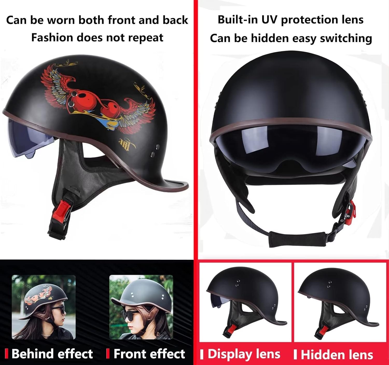 71wTdJolFhL._AC_SL1500_.jpg Motorcycle Retro Half Helmet DOT Approved Adult Men Women Vintage German Style Half Face Skull Cap Helmets for Scooter Moped Cruiser Chopper ATV Motorbike Baseball Cap with Visor Goggles - Image 3