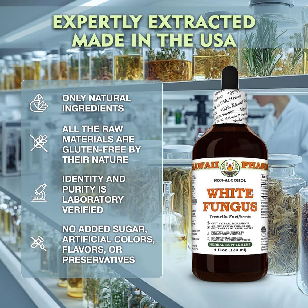 71wcpabHwvL._AC_SL1000_.jpg White Fungus (Tremella Fuciformis) Dry Mushroom Glycerite, Made in Hawaii, All Natural, Vegan, Lab Tested Alcohol-Free Liquid Extract - 32 fl.oz - Image 2