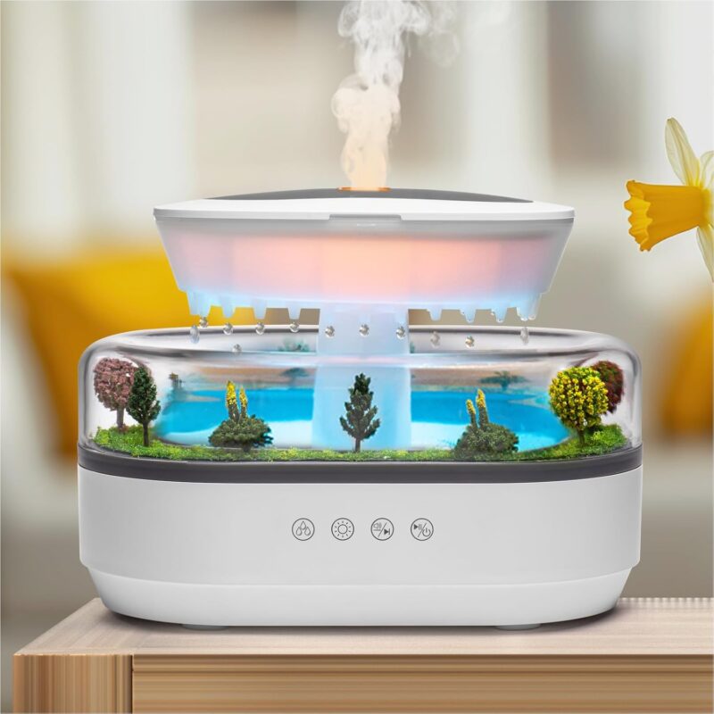 Essential Oil Diffuser 250ML Cloud Humidifier Rain Water Drip Diffuser Humidifier with Drip Music Micro Landscape Ultrasonic Diffuser for Bedroom Office Hotel (White Grey)