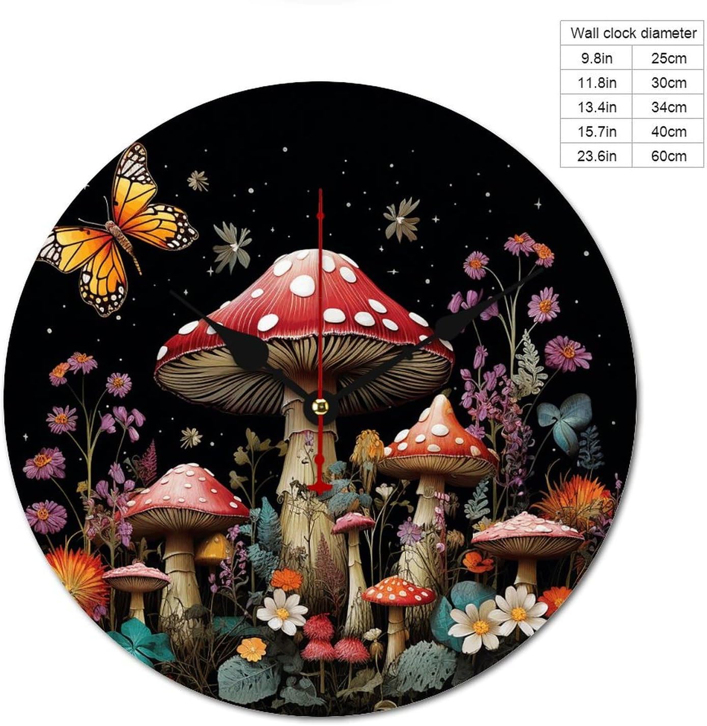 71xNLokHaL._AC_SL1500_.jpg Decorative Round Wooden Wall Clock Mushrooms and Butterflies on Black Background Modern Frameless No Scale Clock Non Ticking Clock Time Clocks for Home Bedroom Office Living Room 23.6 Inches - Image 2