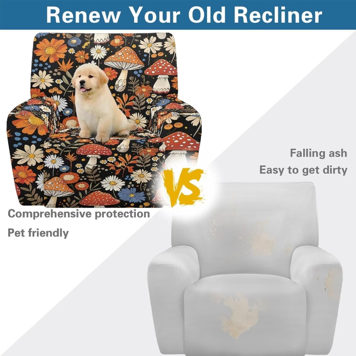 71xqo8pwYUL._AC_SL1500_.jpg Mushroom Daisy Pattern Recliner Chair Covers with Arms, Washable Lazy Boy Recliner Covers Polyester Chair Covers for Living Room Home Decor Accessories - Image 4
