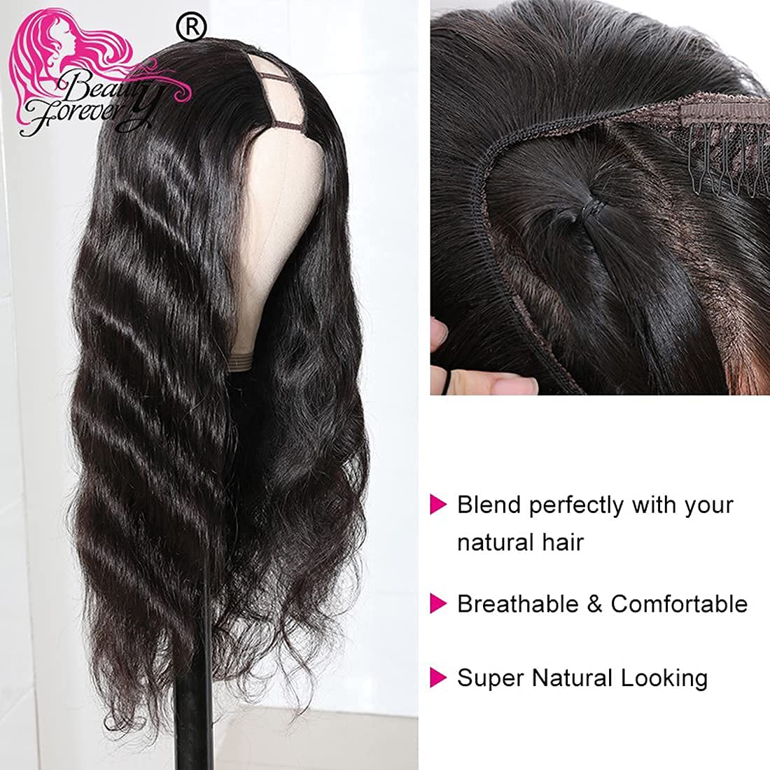 71yBNXC2kL._SL1100_.jpg Beauty Forever Body Wave U Part Human Hair Wig 150% Density 10A Grade,Brazilian Human Hair Glueless Full Head Clip in Half Wig Free Part Natural Color 20 Inch - Image 4