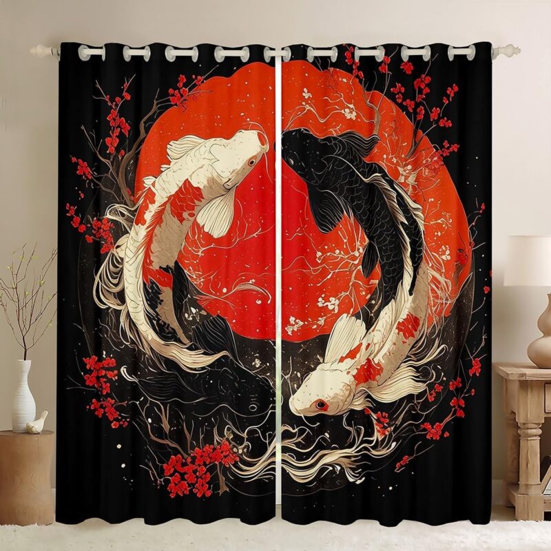 Erosebridal Japanese Curtains & Drapes 52" Wx84 L Gossip Koi Couple Fish Window Curtains for Kids Teen Black Red Cherry Blossom Blackout Curtains for Bedroom Chinese Taiji Window Treatments 2 Panels