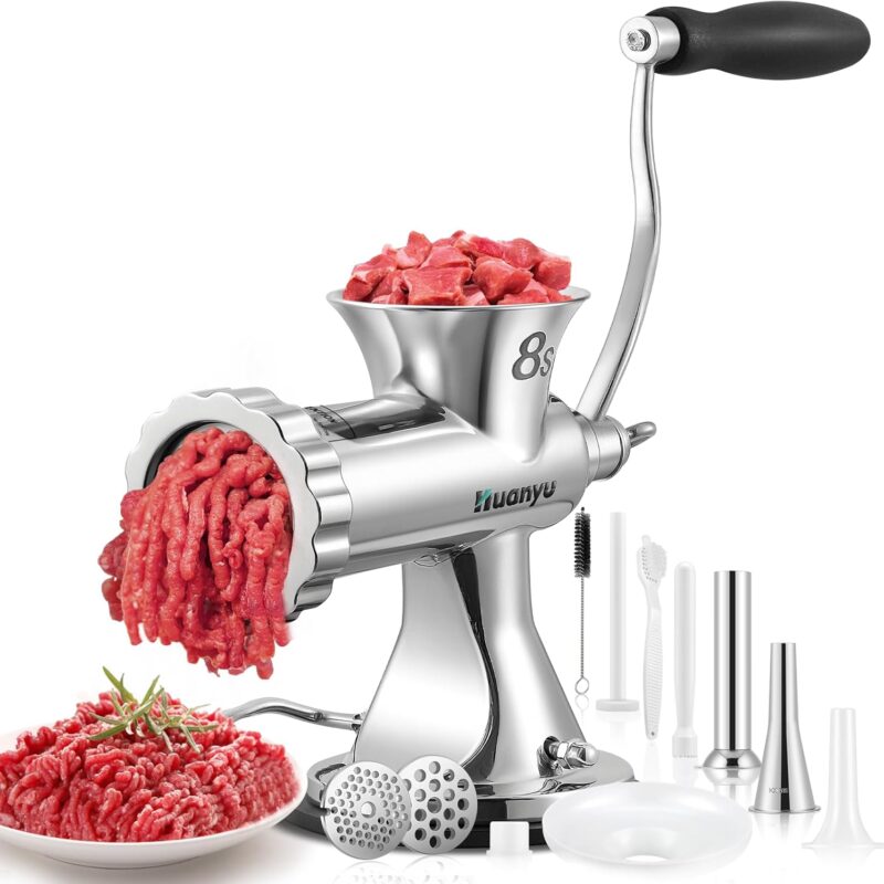 Huanyu Manual Meat Grinder with 2 Stainless Steel Sausage Stuffer Filler Hand Crank Mincer Meats Processor Grinding Machine Ground Chopper Home Use for Beef Chicken Rack chili etc. Dishwasher Safe