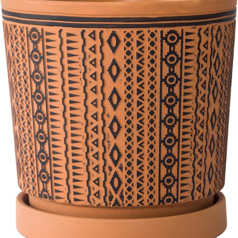 D'vine Dev 8.2 Inch Planter Pot, Terracotta Pot for Plants with Drainage Hole and Saucer, Pottery Red/Black, 33-958-A-2