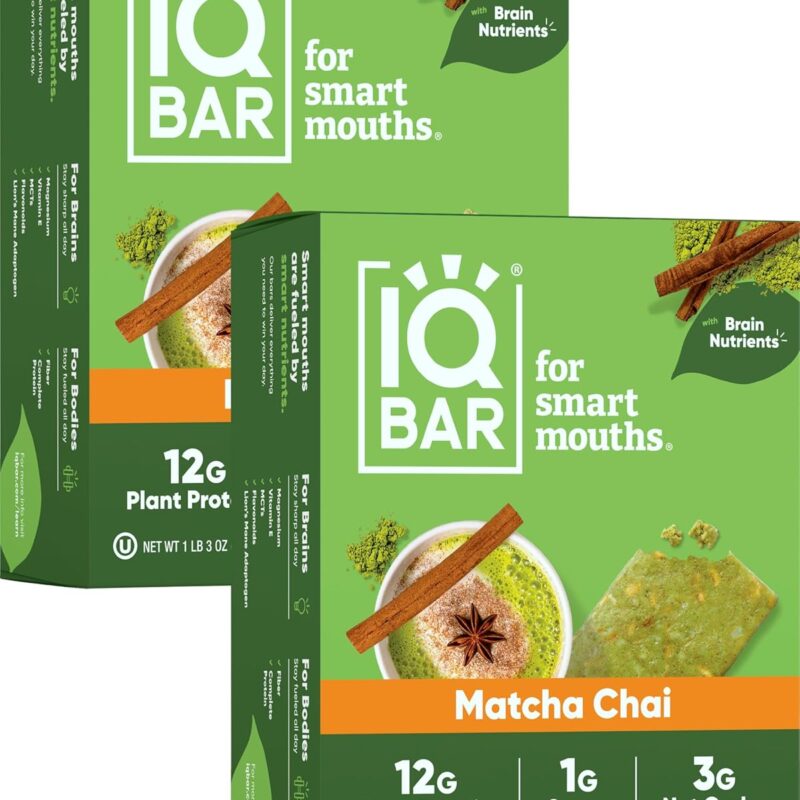 IQBAR Brain and Body Plant Protein Bars - Matcha Chai - 24-Count Low Carb - Gluten Free, High Fiber, Vegan Snacks - Low Sugar Meal Replacement