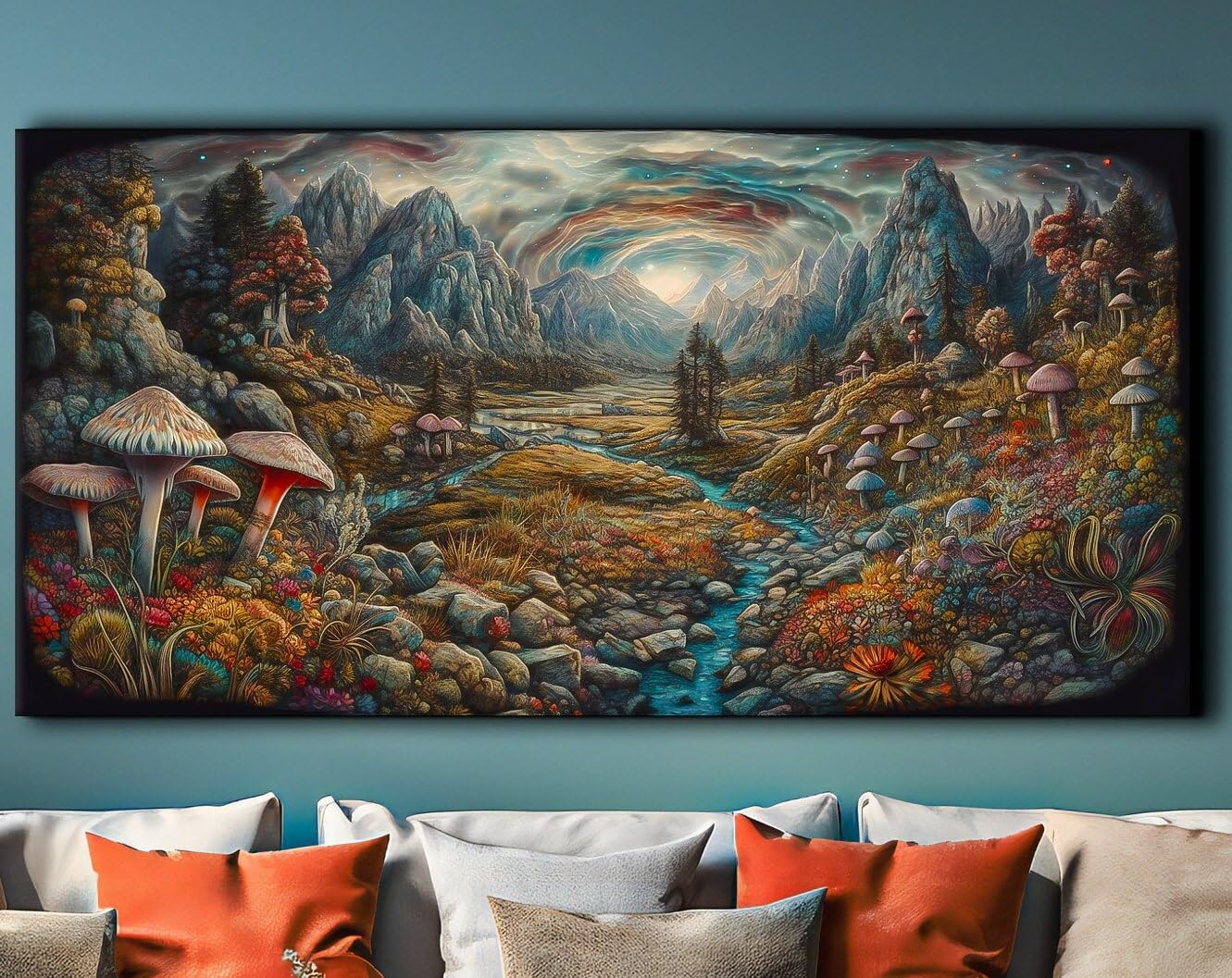 812C8JVf5AL._SL1331_.jpg Psychedelic Mushroom Mountain Forest Painting, Trippy Landscape Wall Art, Stunning Fantasy River Canvas Print, Unique Shroom Fine Art, Perfect Trippy Art Gift (Frame, 16x24)