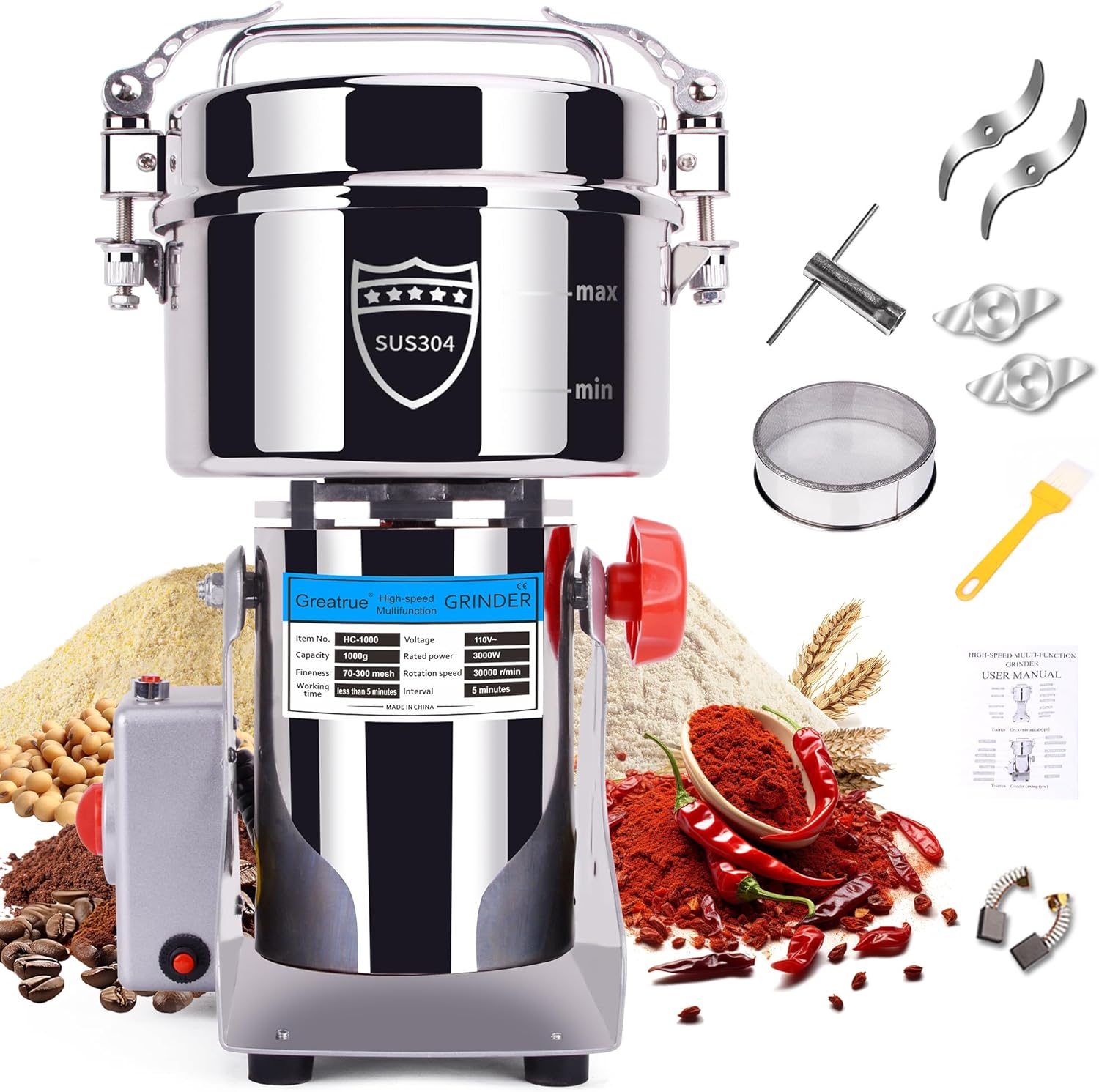 812imQY0CsL._AC_SL1500_.jpg 1000g Electric Grain Mill Grinder, 304 Stainless Steel Flour Mill, 3000W High Speed Spice Grinder, Electric Grain Mill for Dry Wheat, Oats, Corn, Pepper and Coffee Beans