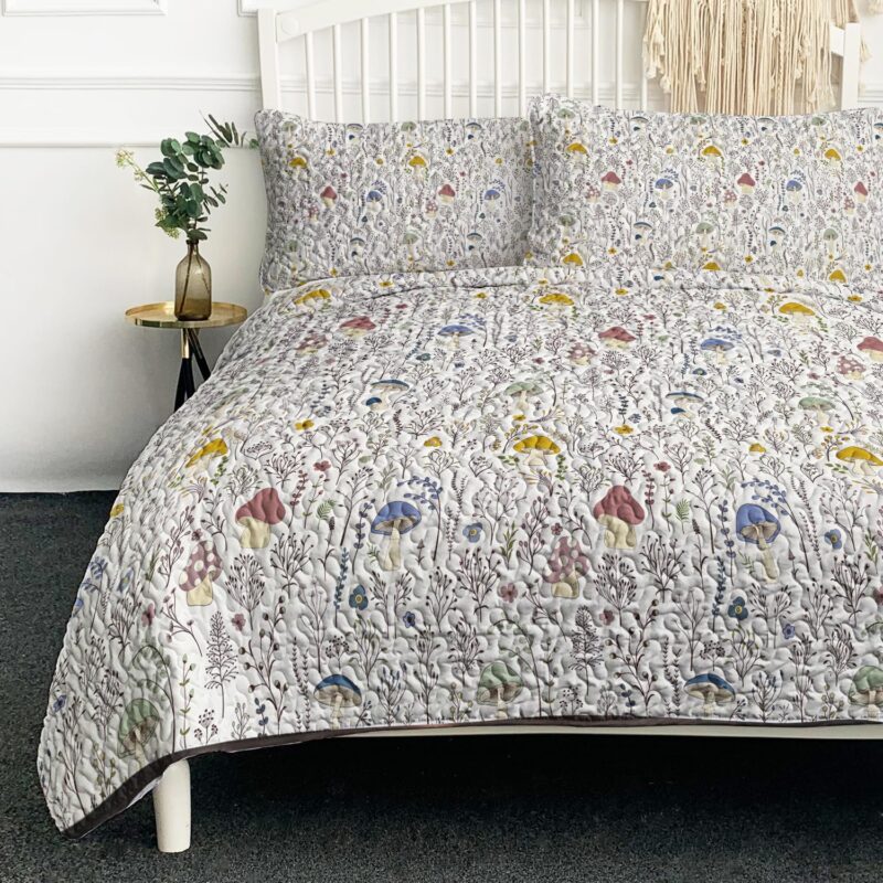 BlessLiving Watercolor Wild Mushrooms Quilt Set Queen Size, Greenery Leaves Bedspread-Size 90"x90", Soft Lightweight Coverlet, Bed Cover for All Seasons-3 Pieces, Includes 1 Quilt, 2 Shams