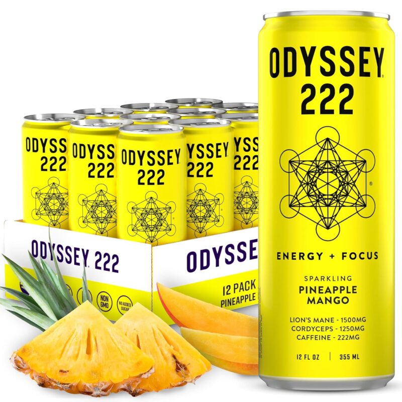 Odyssey Elixir - Odyssey 222 - Sparkling Energy Drink - 222 mg of Caffeine - Lion's Mane & Cordyceps - Energy & Focus - Endurance & Stamina - Nootropic - Pre Workout - Pineapple Mango