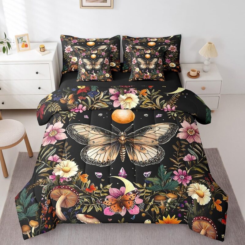Feelyou Death Moth Comforter Set 7 Pieces King Size Kids, Bohemian Sun and Moon Bedding Set Boys Girls, Mushrooms Bed in a Bag,Comforter + Sheets + Pillowcases + Cushion Covers