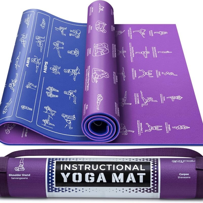 Instructional Yoga Mat with Carrying Strap: Cute Yoga Mat with 75 Illustrated Yoga Poses + 75 Easily-Followed Stretching Exercises - 1/4” Thick, Non-Toxic, Non-Slip Yoga Mats for Women and Men