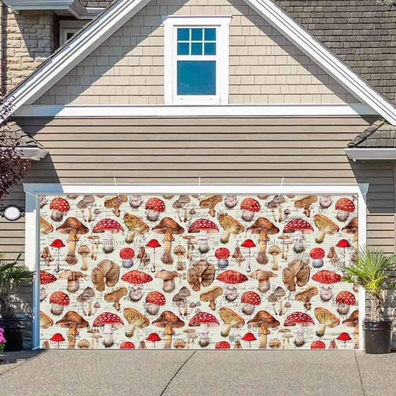 Garage Door Decorations Banner, Mushroom Spring Summer Plant Leaves Men Women Boys Girls Birthday Party Holiday Supplies, 6.9x16 FT Indoor/Outdoor Large Yard Fence Party Holiday Banner Background