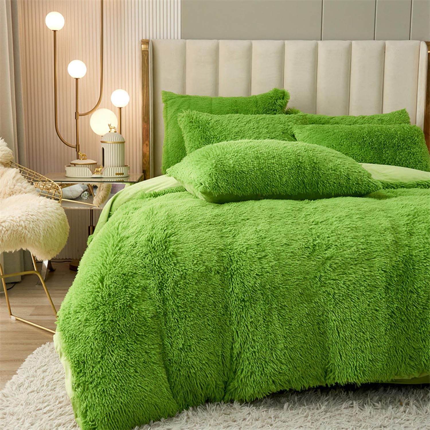 819DWY19tvL._AC_SL1500_.jpg MorroMorn 5 PCS Shaggy Duvet Cover Bedding Set - Fluffy Comforter Cover Long Faux Fur Luxury Ultra Soft Cozy (Green, Full/Queen) - Image 4