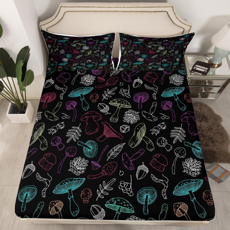 Erosebridal Mushroom Fitted Sheet Kids Bed Sheets Queen Size, Colorful Mushroom Decor Bedding Set Boho Exotic Mushroom Bedding for Boys Girls Women Bohemian Plants Mushroom Bedding 3 Pcs
