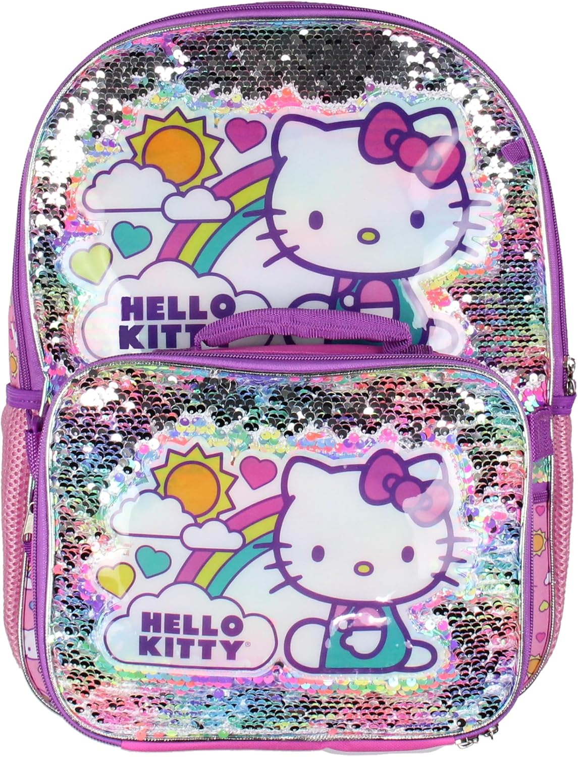819paaeGaL._AC_SL1500_.jpg Sanrio Hello Kitty Travel Backpack Neon Rainbows Magic Sequins 5 Piece Set Lunch Bag Cinch Bag Gadget Case Water Bottle - Image 4
