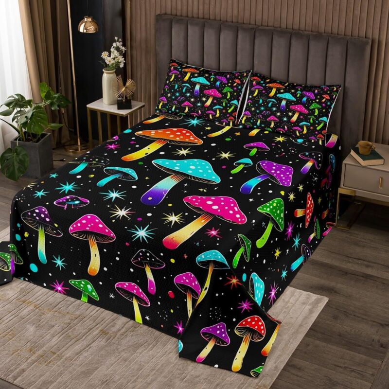 Erosebridal Cute Mushroom Coverlet Set Queen Colorful Mushrooms Bedspread Kawaii Plants Quilt Set for Kids Adults,Botanical Theme Bedding Quilted