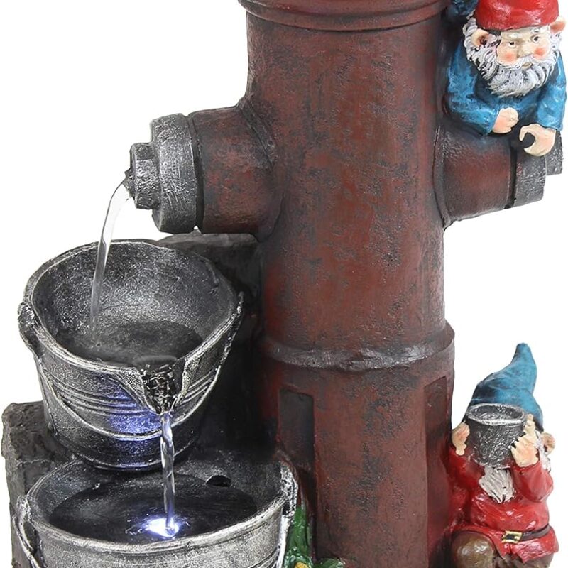 Sunnydaze Fire Hydrant Gnomes 16-Inch Outdoor Water Fountain with LED Light - Submersible Electric Pump - Polyresin